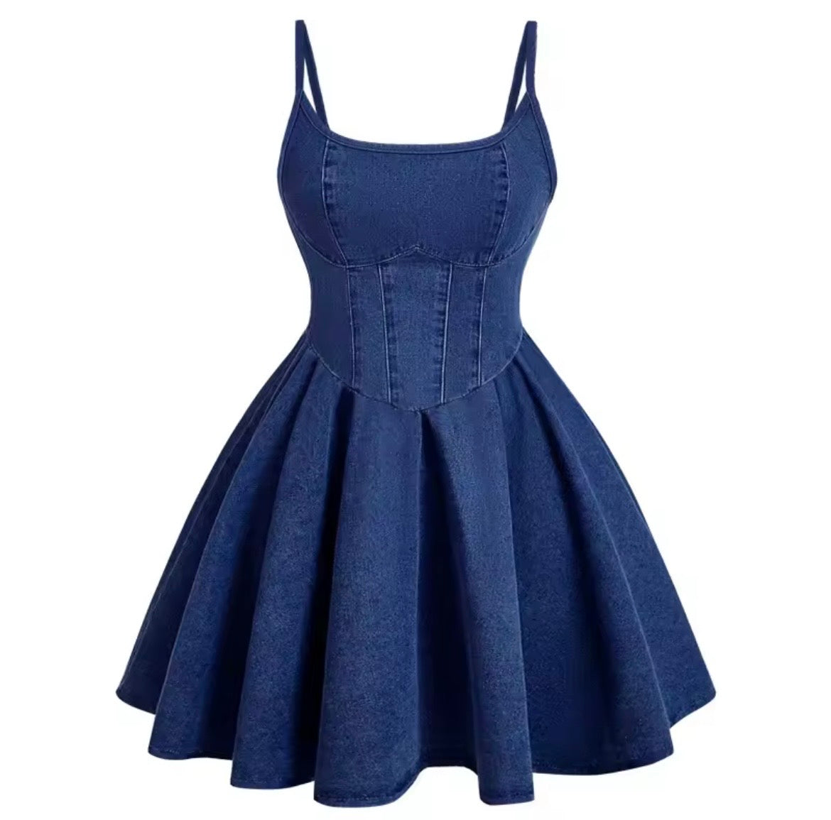 Vintage Denim Mini Dress for Women – Spaghetti Straps, High Waist, Fit & Flare