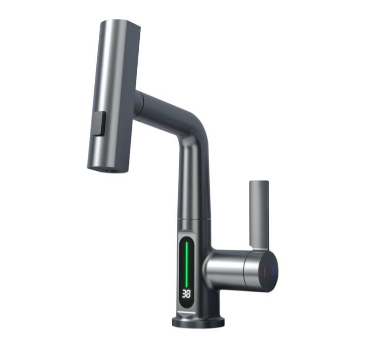 Intelligent Pull-Out Basin Faucet with LED Digital Temperature Display & 360° Rotation