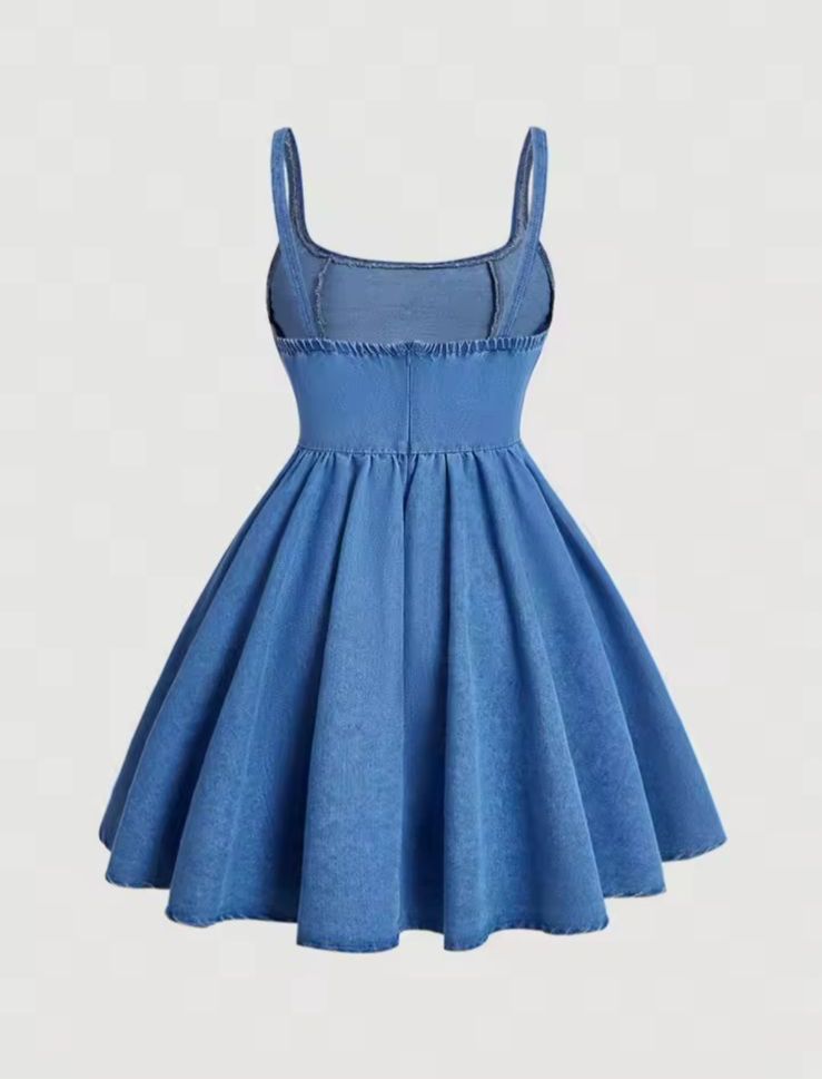 Vintage Denim Mini Dress for Women – Spaghetti Straps, High Waist, Fit & Flare