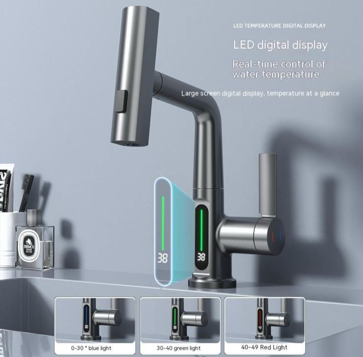 Intelligent Pull-Out Basin Faucet with LED Digital Temperature Display & 360° Rotation