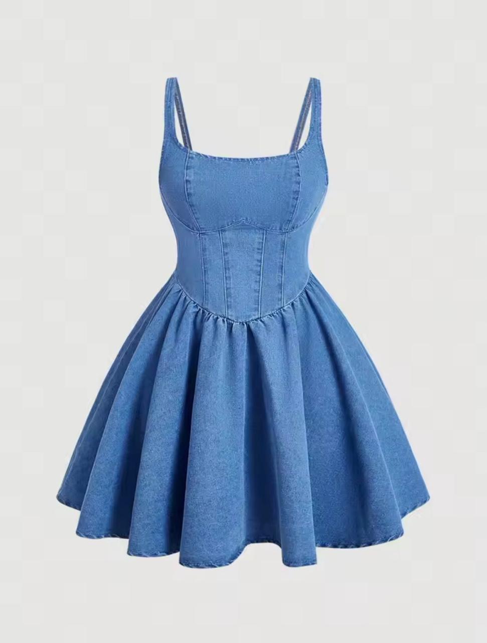 Vintage Denim Mini Dress for Women – Spaghetti Straps, High Waist, Fit & Flare