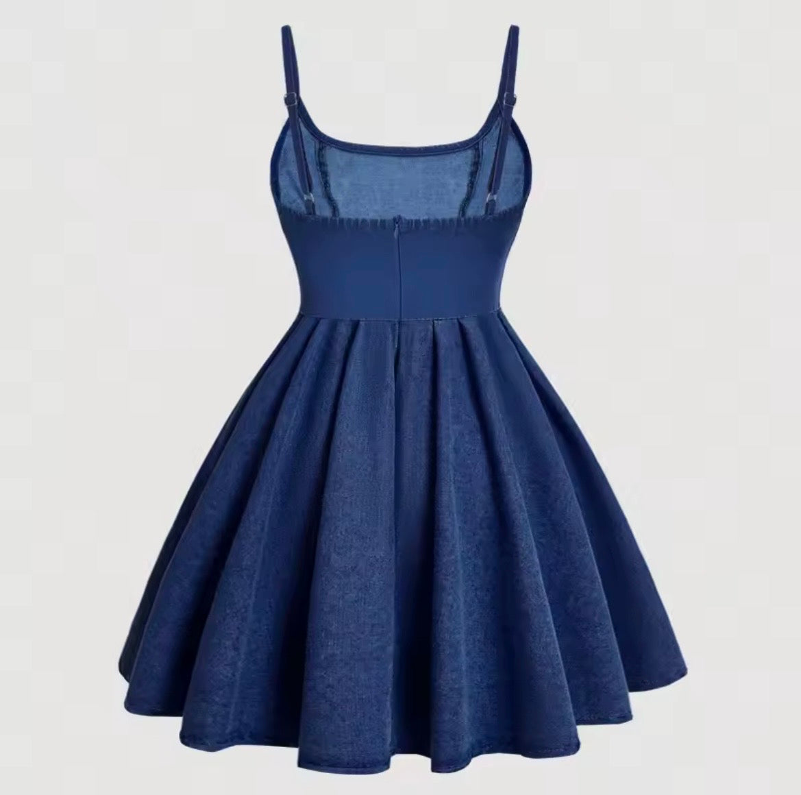 Vintage Denim Mini Dress for Women – Spaghetti Straps, High Waist, Fit & Flare