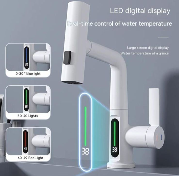 Intelligent Pull-Out Basin Faucet with LED Digital Temperature Display & 360° Rotation