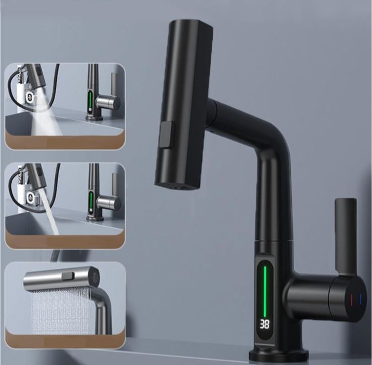 Intelligent Pull-Out Basin Faucet with LED Digital Temperature Display & 360° Rotation