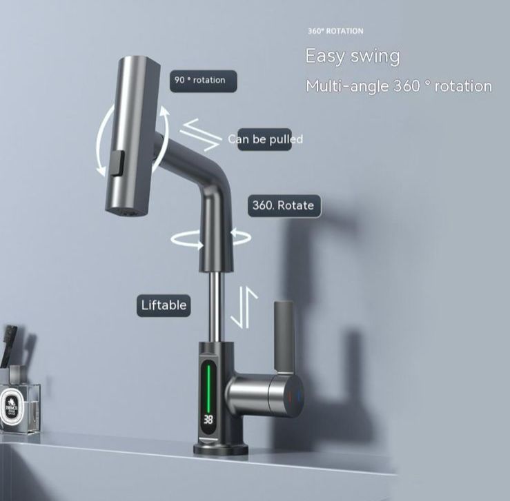 Intelligent Pull-Out Basin Faucet with LED Digital Temperature Display & 360° Rotation